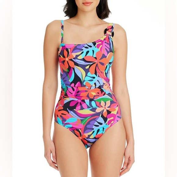 NWT Bleu Rod Beattie Bold Rush Floral Print One Shoulder One Piece Swimsuit 10
